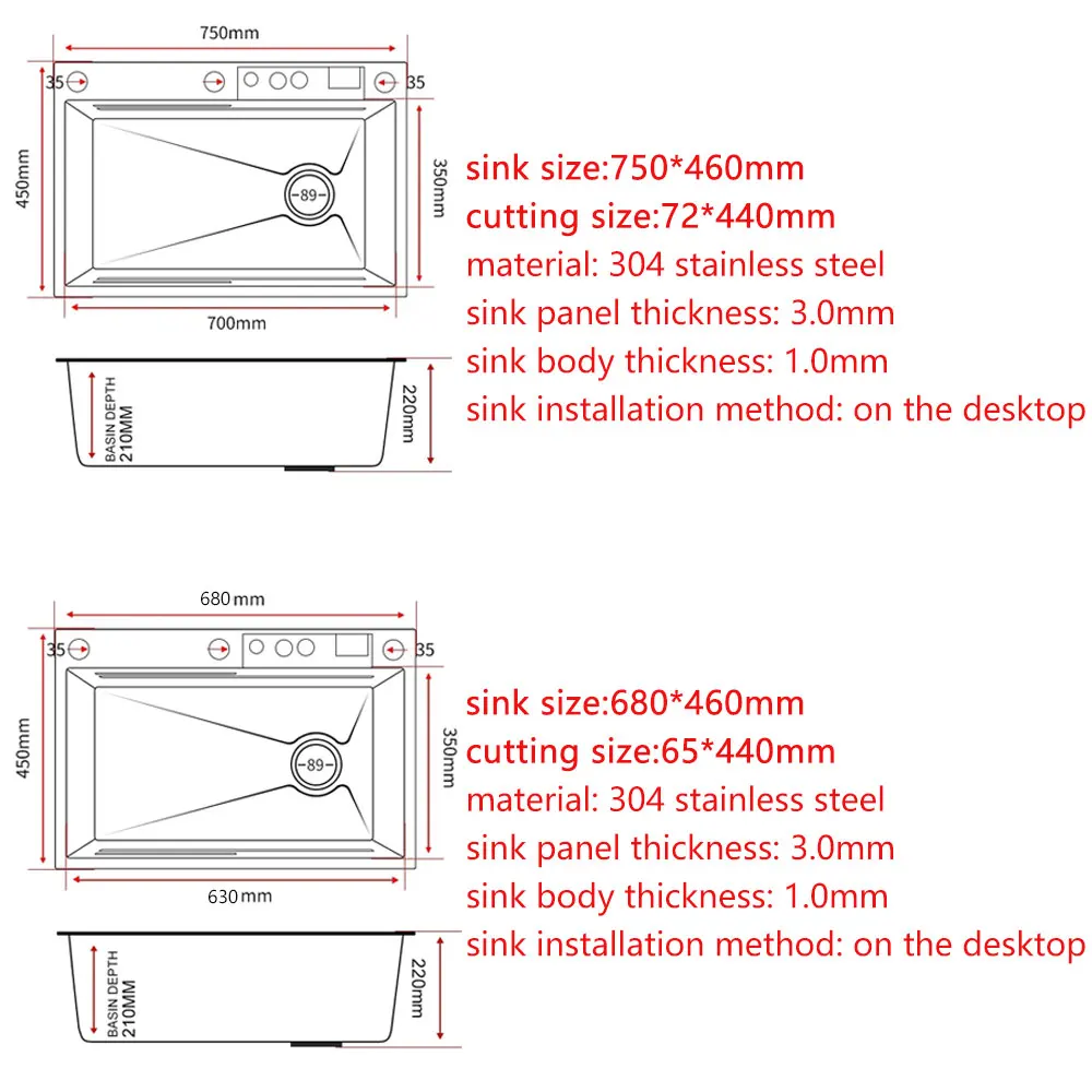 Lavaman modern kuzhine 75x45cm me 22cm thellësi